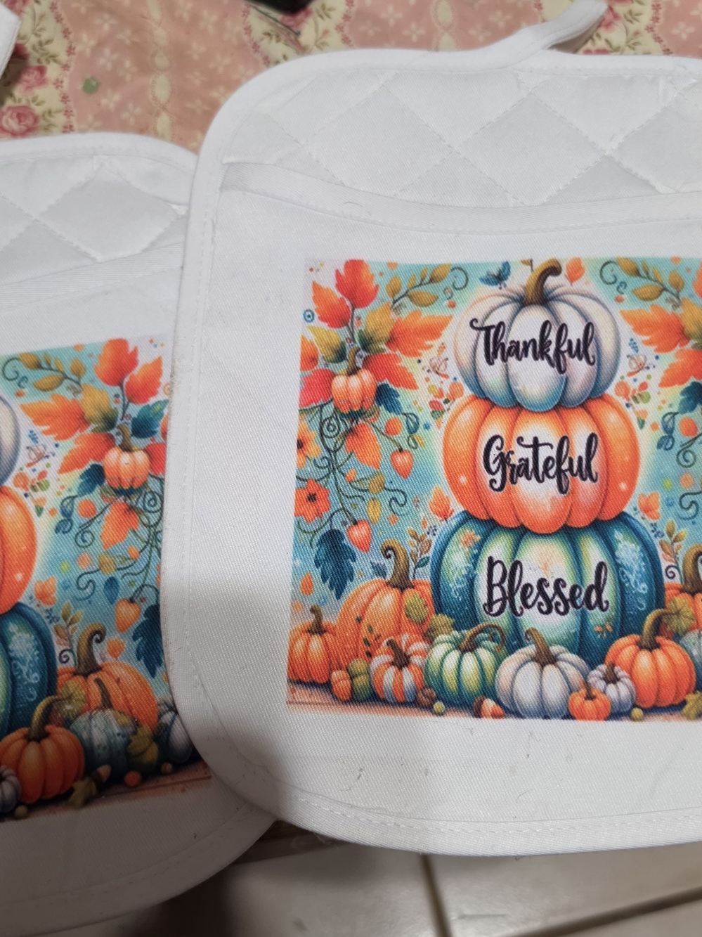 Thankful Grateful Blessed Pumpkin Pot Holder - White with Orange & Teal Design